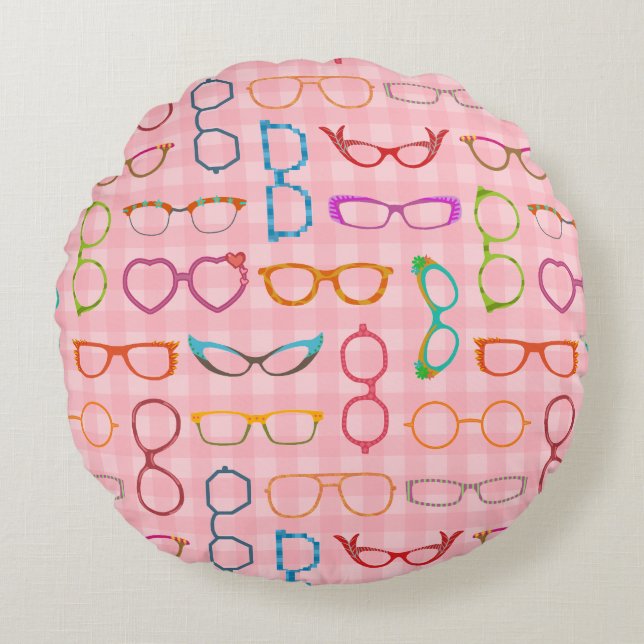 Eyeglasses Retro Modern Hipster with Pink Gingham Round Cushion (Front)