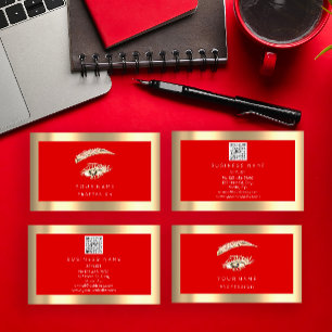 Eyelash Brow Makeup Logo Qr Code Red Gold Framed Business Card