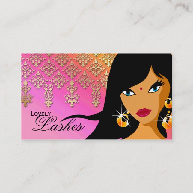Eyelash Business Card Indian Woman Orange Pink (Front)