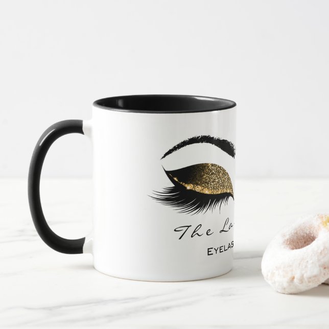 Eyelash Extension Beauty Makeup Gold Glitter Mug (With Donut)