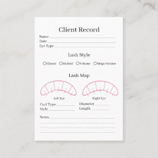 Eyelash extension client Record form Business Card