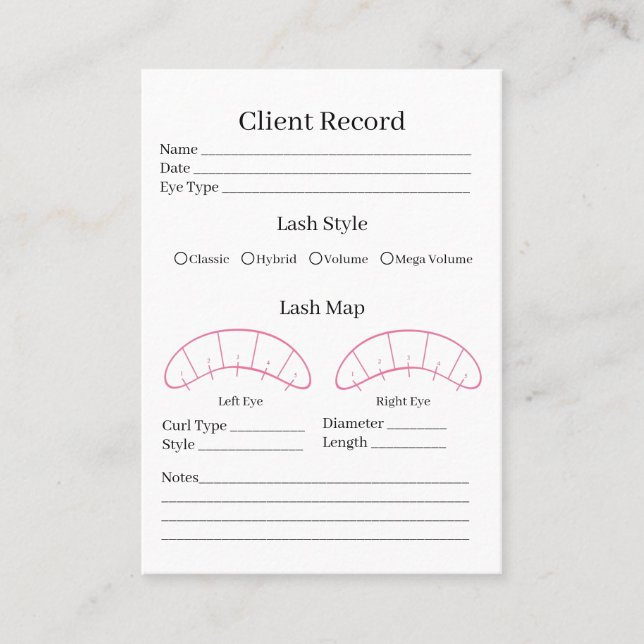 Eyelash extension client Record form Business Card (Front)