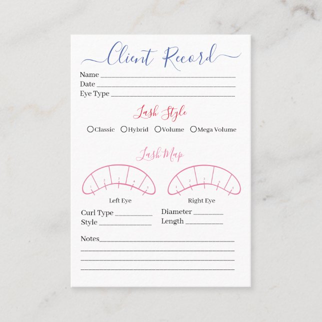 Eyelash extension client Record form Business Card (Front)