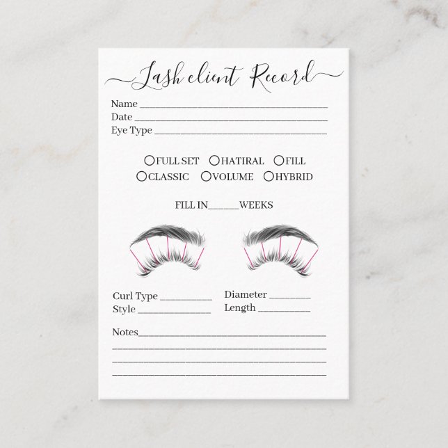 Eyelash extension client Record form Business Card (Front)