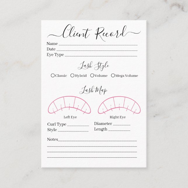 Eyelash extension client Record form Business Card (Front)