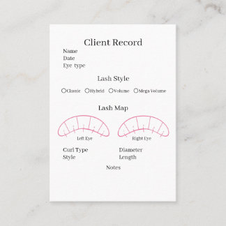 Eyelash extension client Record form Business Card