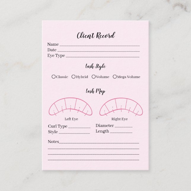 Eyelash extension client Record form, pink Business Card (Front)