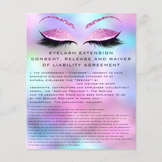 EYELASH EXTENSION CONSENT, RELEASE AND WAIVER Pink Flyer (Front)