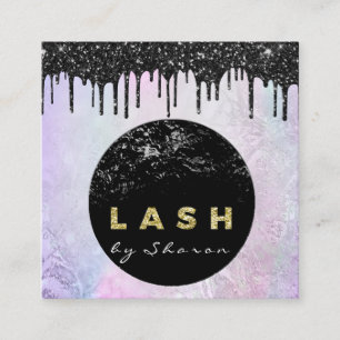Eyelash Extension Expert Black Drip Pink Glitter Square Business Card