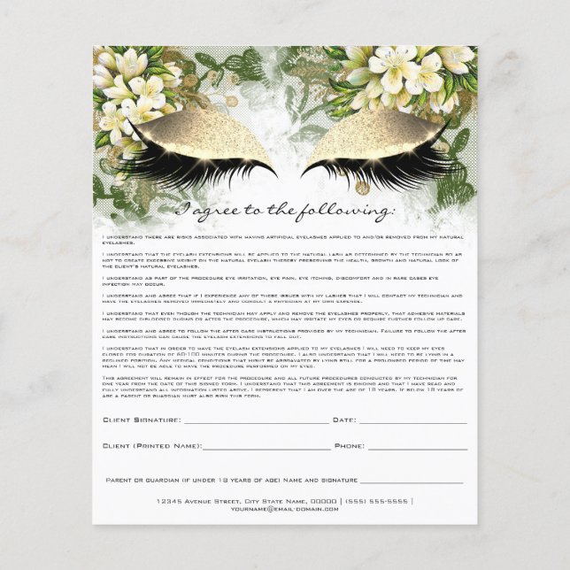 Eyelash Extension Liability Waiver Gold Floral Lux Flyer (Back)