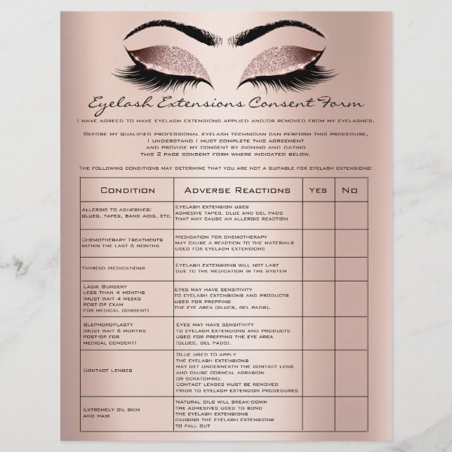 Eyelash Extension Liability Waiver Rose Blush Flyer (Front)