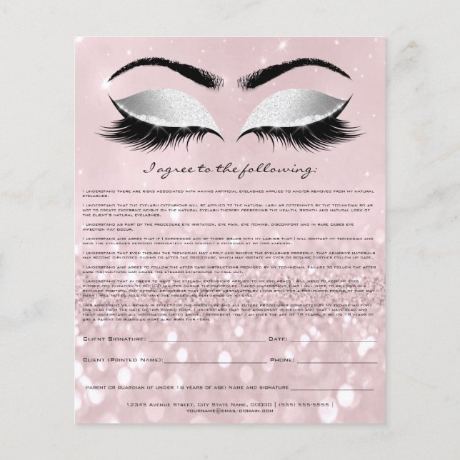 Eyelash Extension Liability Waiver Rose Pink Grey Flyer (Back)