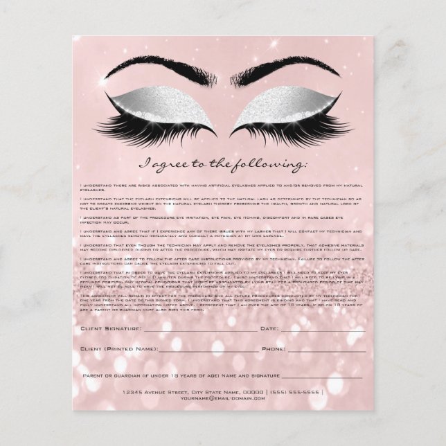 Eyelash Extension Liability Waiver Rose Pink Grey Flyer (Back)