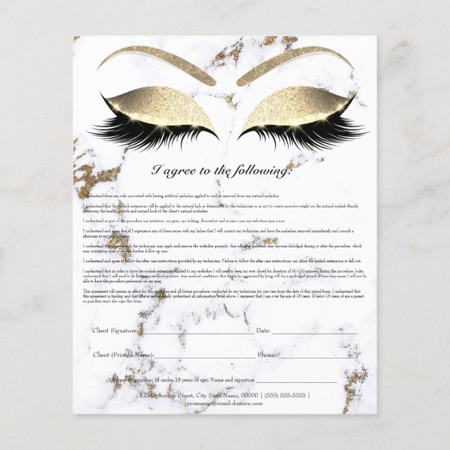 Eyelash Extension Liability Waiver White Marble Flyer (Back)