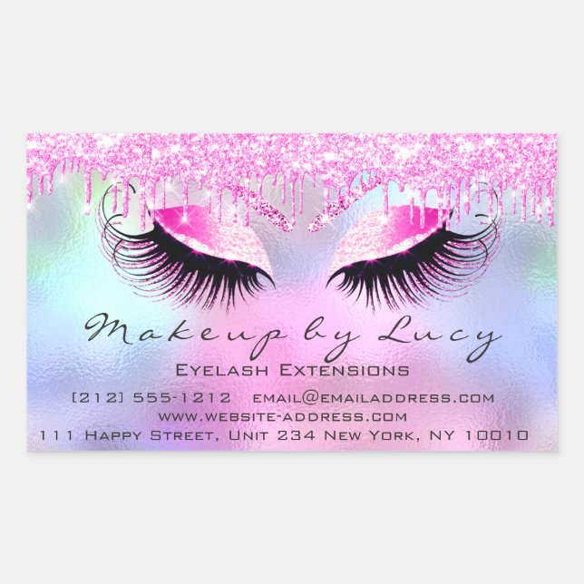 Eyelash Extension Makeup Beauty Salon Pink Drips Rectangular Sticker (Front)