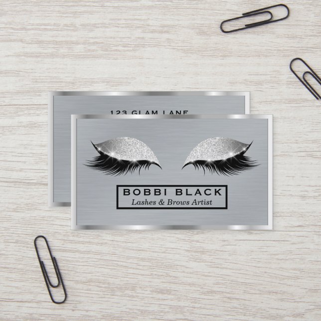 Eyelash Extensions Glitter Makeup Modern Metal Business Card (Front/Back In Situ)