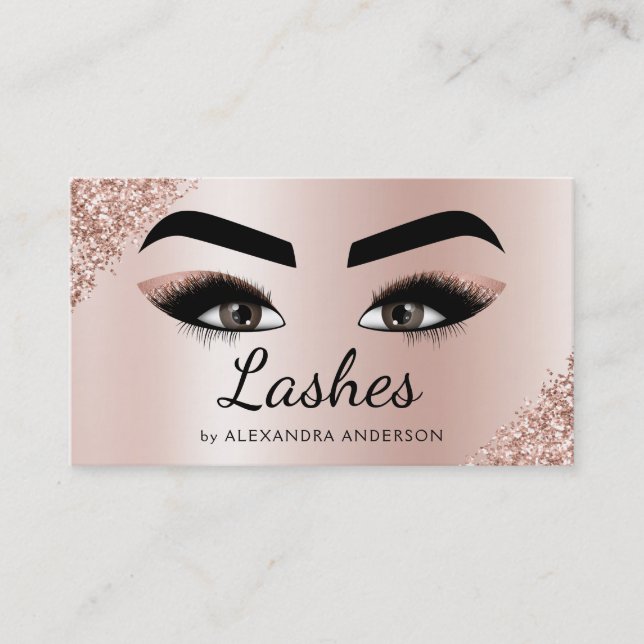 Eyelash Extensions Lashes Glitter Pink Rose Gold Business Card (Front)