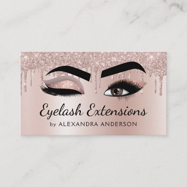 Eyelash Extensions Lashes Glitter Rose Gold Pink Business Card (Front)