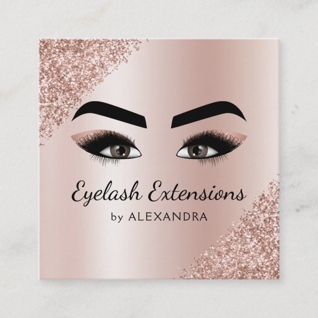 Eyelash Extensions Lashes Glitter Rose Gold Pink Square Business Card (Front)
