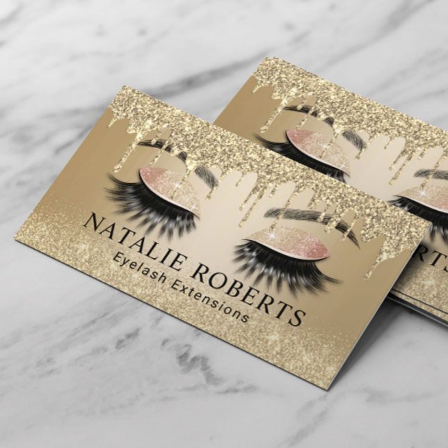 Eyelash Extensions Trendy Gold Drips Beauty Salon Business Card (Creator Uploaded)