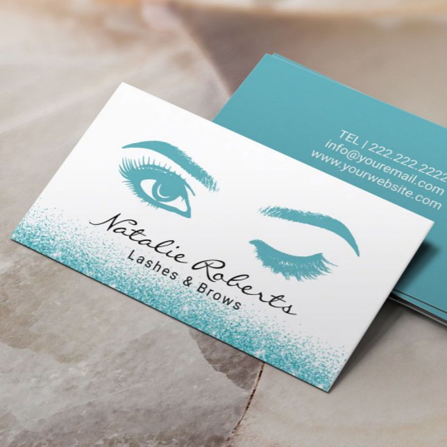 Eyelash Extensions Wink Eye Teal Glitter Salon Business Card (Creator Uploaded)