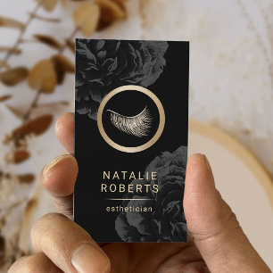 Eyelash Logo Dark Floral Makeup Artist Aestheticia Business Card