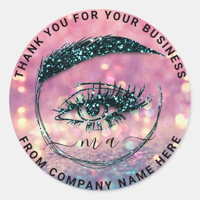 Eyelash Logo NameThank Glitter Holograph Teals Classic Round Sticker (Front)