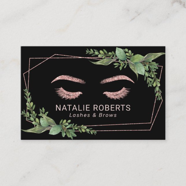 Eyelash Makeup Artist Rose Gold Geometric Greenery Business Card (Front)