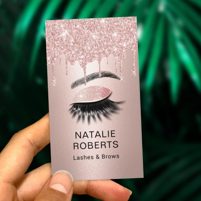 Eyelash Makeup Artist Rose Gold Glitter Drips Business Card (Creator Uploaded)