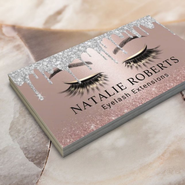 Eyelash Makeup Artist Rose Gold & Silver Drips Business Card (Creator Uploaded)