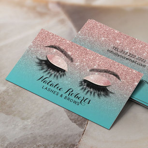 Eyelash Makeup Artist Rose Gold & Teal Glitter Business Card
