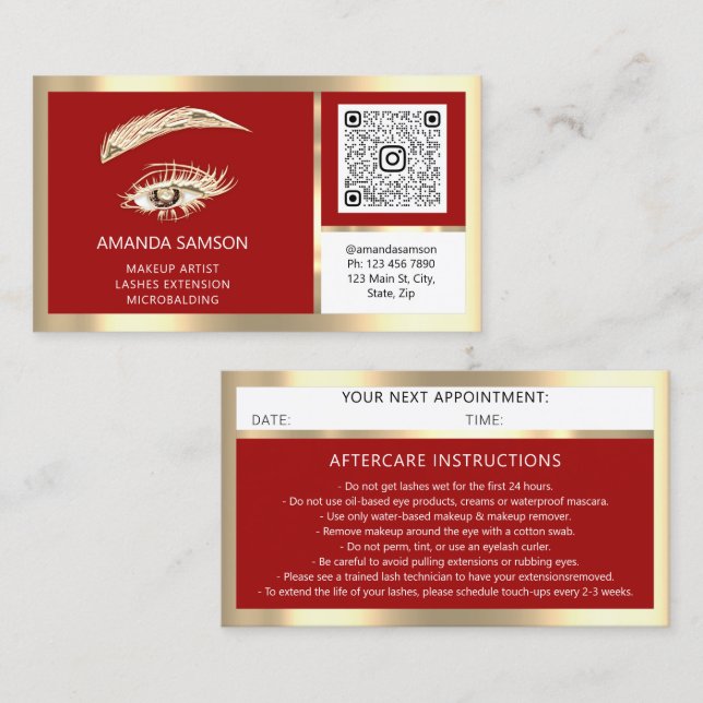 Eyelash Microblade QR CODE Aftercare Red Gold  Business Card (Front/Back)
