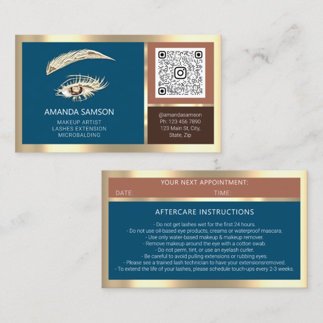 Eyelash Microblade QR CODE Aftercare Rose Logo Blu Business Card (Front/Back)