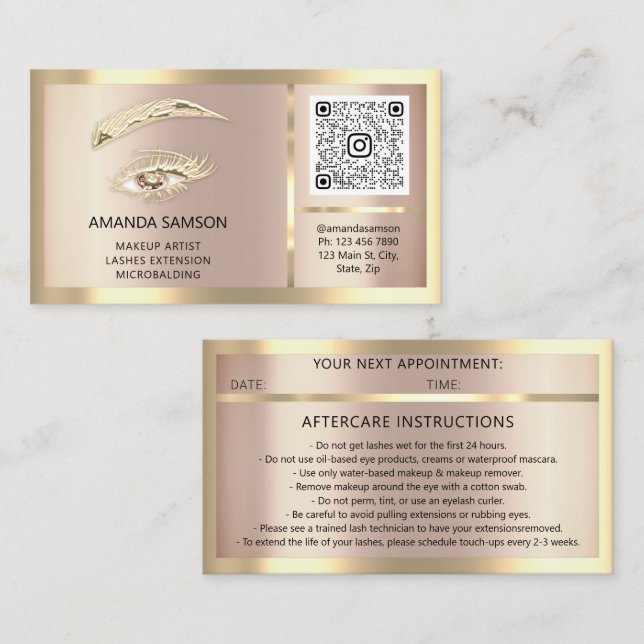 Eyelash Microblade QRCODE Aftercare RoseGold Frame Business Card (Front/Back)