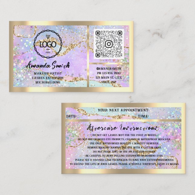 Eyelash Microblade QRCode Logo Holograph Aftercare Business Card (Front/Back)