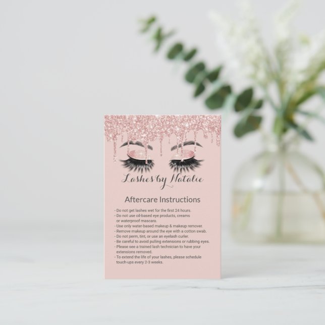 Eyelash Salon Blush Pink Rose Gold Drip Aftercare Business Card (Standing Front)