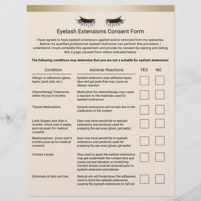 Eyelash Salon Liability Waiver Gold Border Flyer (Front)