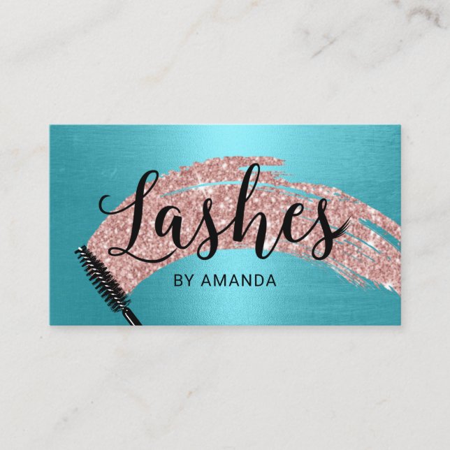 Eyelash Salon Rose Gold Brush Stroke Turquoise Business Card (Front)