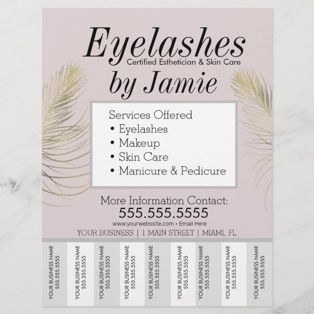 Eyelash Service Pink Gold Business Tear Off Strips Flyer (Front)