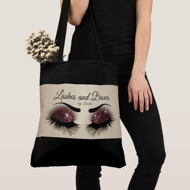Eyelashes and Brows - Burgundy Wine Glitter Tote Bag (Close Up)