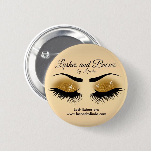 Eyelashes and Brows - Gold Glitter 6 Cm Round Badge (Front & Back)