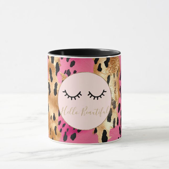 Eyelashes Girly Pink Glam Black Gold Leopard Mug (Center)