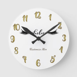 Eyelashes Lashes Gold & Black Glam Personalised Round Clock