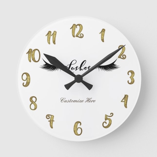 Eyelashes Lashes Gold & Black Glam Personalised Round Clock (Front)