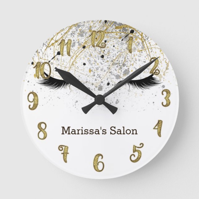 Eyelashes Lashes Gold & Black Glam Personalised Round Clock (Front)