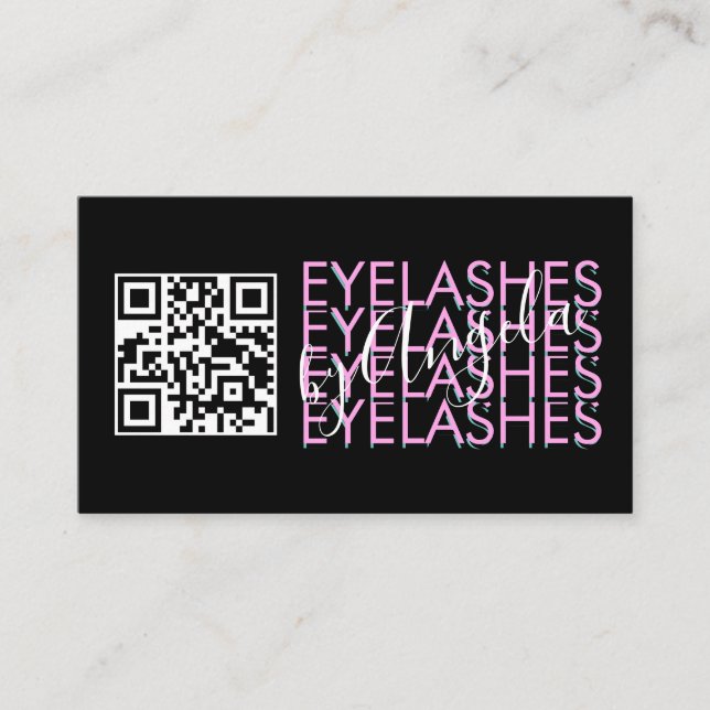 Eyelashes Salon QR Code Pink Black  Script Business Card (Front)