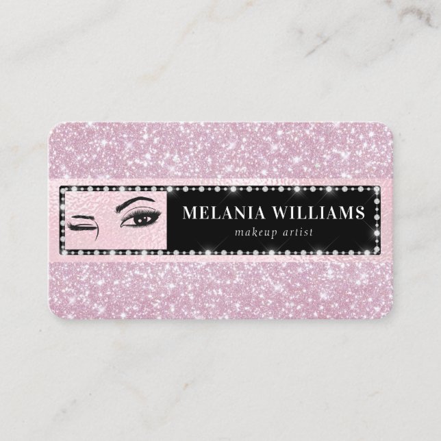 Eyes Makeup Artist Trendy Rose Gold Glitter Girly Business Card (Front)