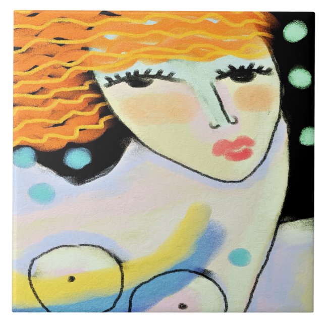 Eyes Wide Open Abstract Digital Portrait of Woman Ceramic Tile (Front)