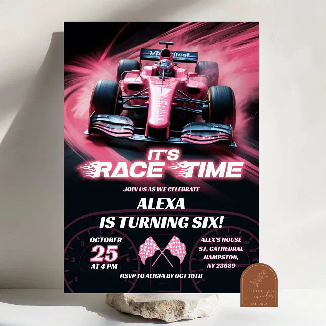 F1 Pink Racing Car Birthday Girl Invitation | Zazzle