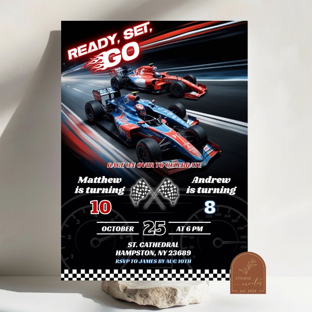 F1 Two Race Car Joint Birthday Invitation (Creator Uploaded)
